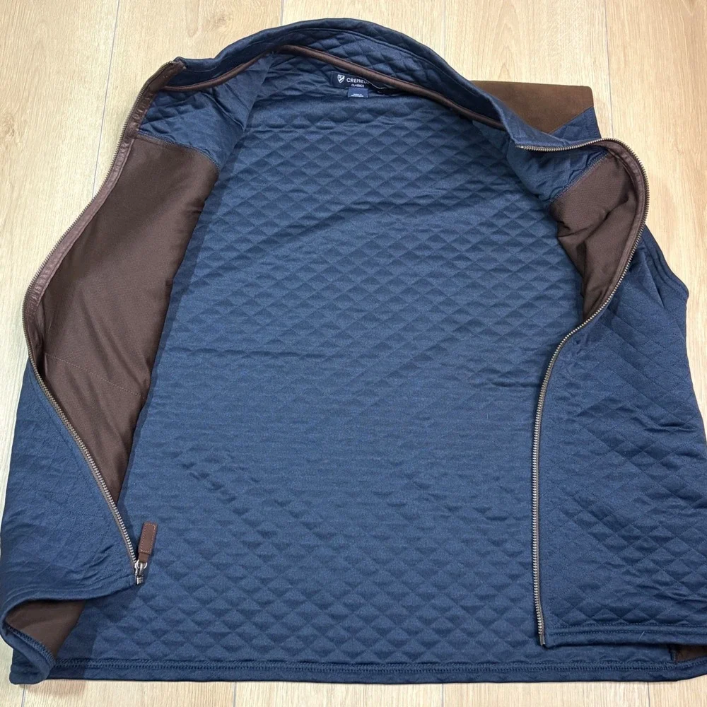 Cremieux Classics Mens Quilted Vest Navy Blue Brown Suede Trim Full Zip Large